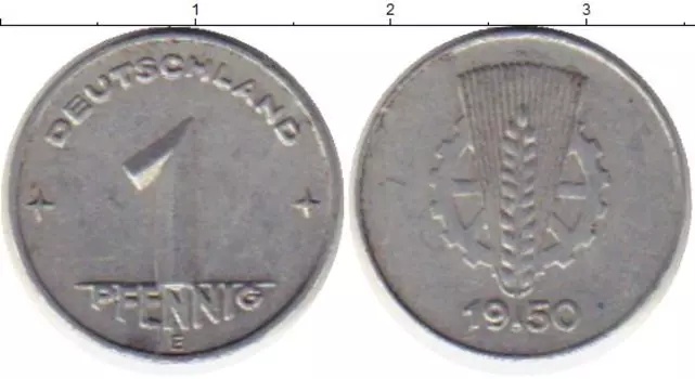 Монета пфенниг ГДР 1950 года Алюминий Е