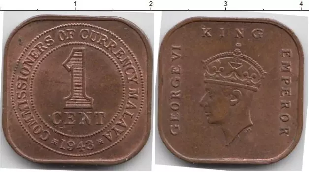 Монета цент Малайи 1943 года Бронза Георг VI
