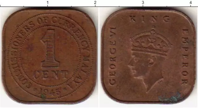 Монета цент Малайи 1945 года Бронза Георг VI