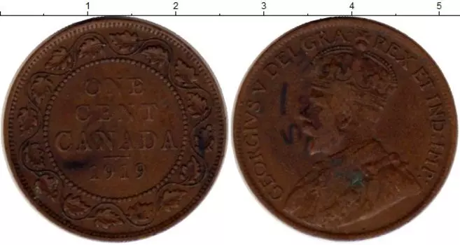 Монета цент Канады 1919 года Бронза Георг V
