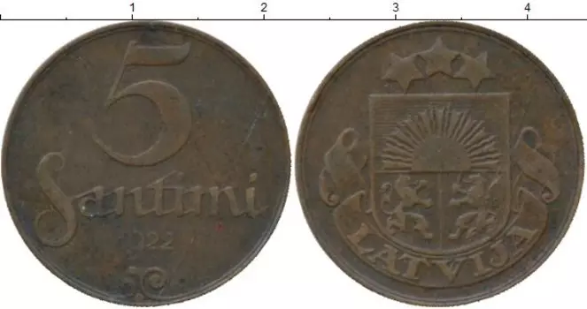 Монета 5 сантим Латвии 1922 года Бронза Герб