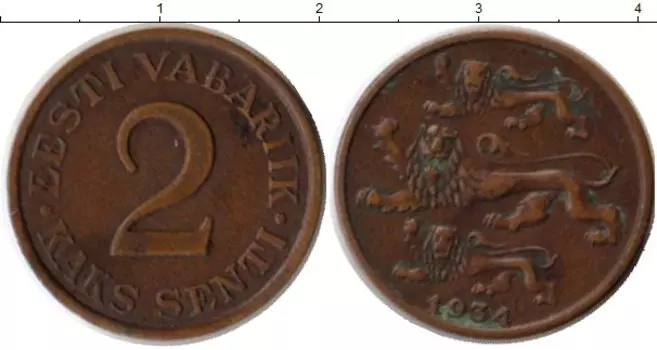 Монета 2 сенти Эстонии 1934 года Бронза