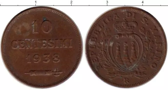 Монета 10 сентесим Сан-Марино 1938 года Бронза