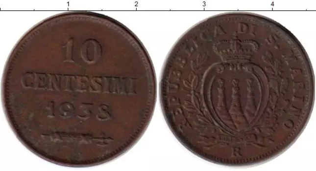Монета 10 сентесим Сан-Марино 1938 года Бронза