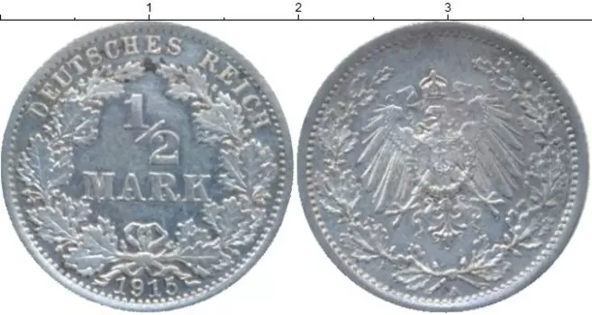 Монета 1/2 марки Германии 1915 года Серебро A