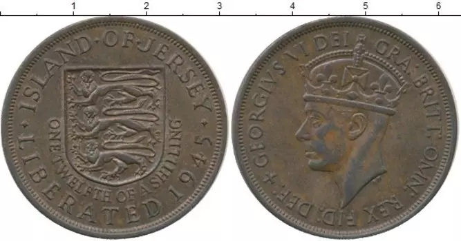 Монета 1/12 шиллинга Острова Джерси 1945 года Бронза Георг VI