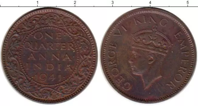 Монета 1/4 анны Индии 1941 года Бронза Георг VI