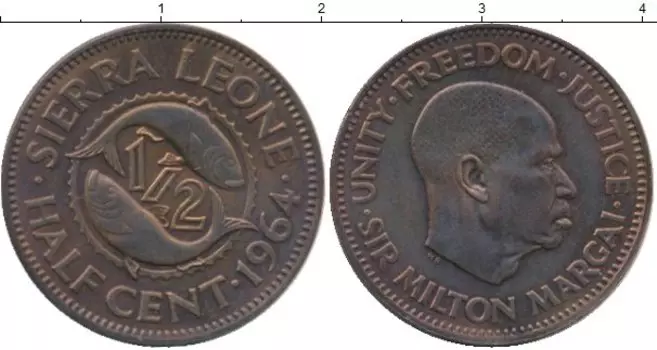 Монета 1/2 цента Сьерры-Леоне 1964 года Бронза Милтон Маргаи