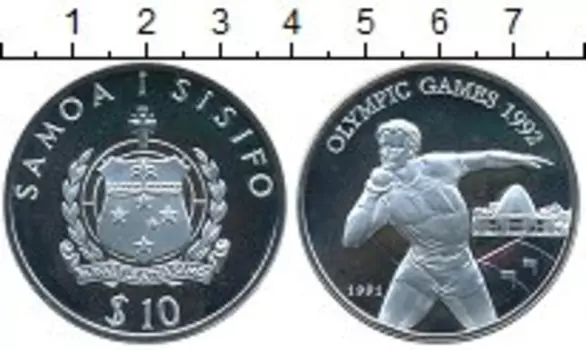 Монета 10 тала Самоа 1991 года Серебро Олимпийские игры 1992