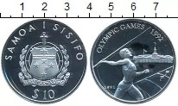 Монета 10 тала Самоа 1991 года Серебро Олимпийские игры 1992