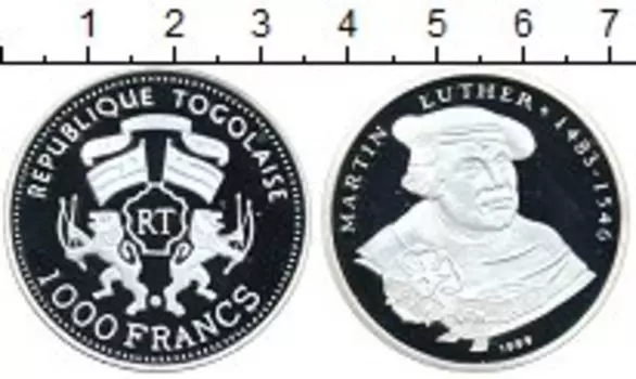Монета 1000 франков Того 1999 года Серебро Мартин Лютер