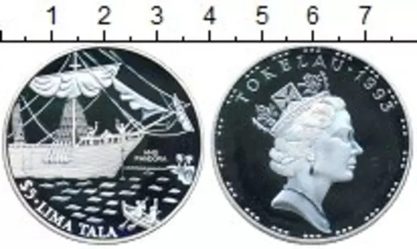 Монета 5 тала Токелау 1993 года Серебро парусное судно