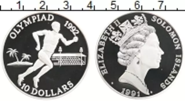 Монета 10 долларов Соломоновых островов 1991 года Серебро Олимпиада-1992 в Барселоне