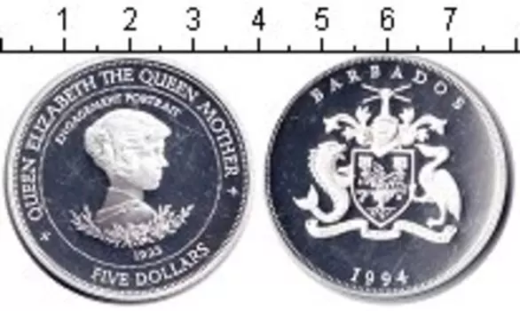 Монета 5 долларов Барбадоса 1994 года Серебро Королева-мать