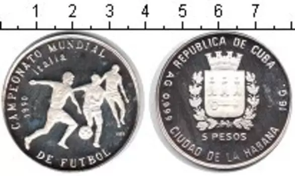 Монета 5 песо Кубы 1989 года Серебро Италия 1990