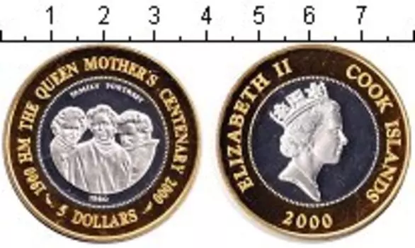 Монета 5 долларов Островов Кука 2000 года Серебро 100-летие Королевы-Матери