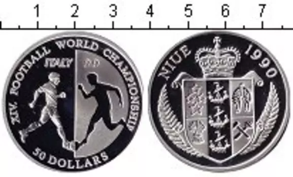 Монета 50 долларов Ниуэ 1990 года Серебро Чемпионат мира по футболу 1990 г