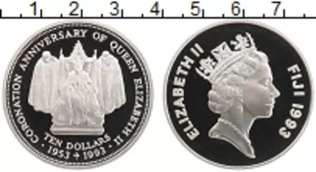 Монета 10 долларов Фиджи 1993 года Серебро 40-летие коронации