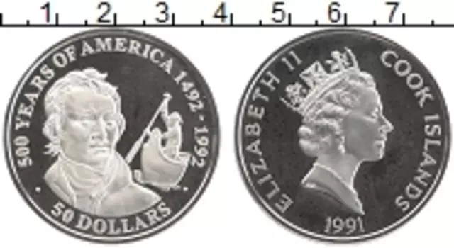 Монета 50 долларов Островов Кука 1991 года Серебро 500-летие открытия Америки