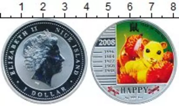Монета доллар Ниуэ 2008 года Серебро Год крысы