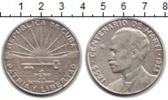 Монета песо Кубы 1953 года Серебро 100-летие Марти