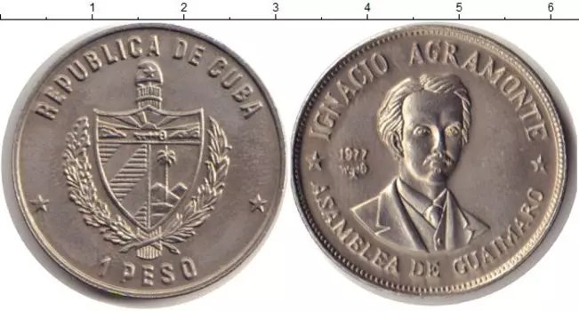 Монета песо Кубы 1977 года Медно-никель Игнасио Аграмонте