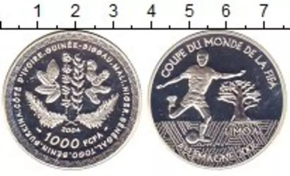 Монета 1000 франков Гвинеи-Бисау 2004 года Серебро Чемпионат мира по футболу 2006