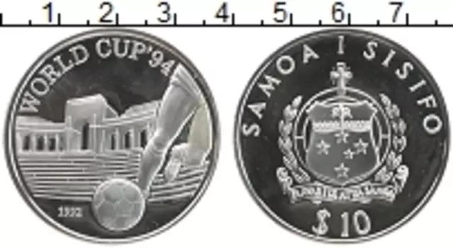 Монета 10 долларов Самоа 1992 года Серебро Чемпионат мира по футболу 1994 в Америке