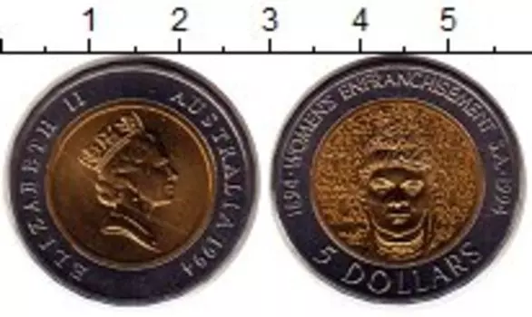 Монета 5 долларов Австралии 1994 года Биметалл 100 лет разрешения голосования женщин в Южной австралии