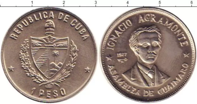 Монета песо Кубы 1977 года Медно-никель Игнасио Аграмонте