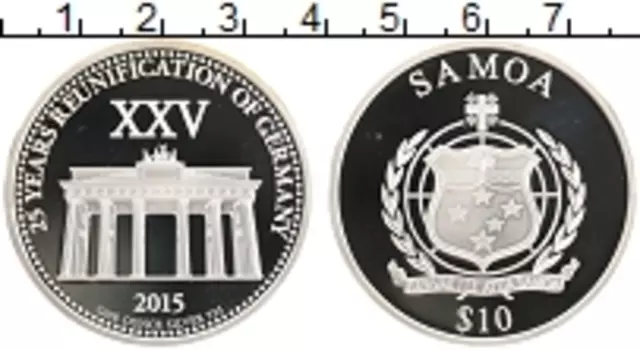 Монета 10 долларов Самоа 2015 года Серебро 25 лет объединения Германии