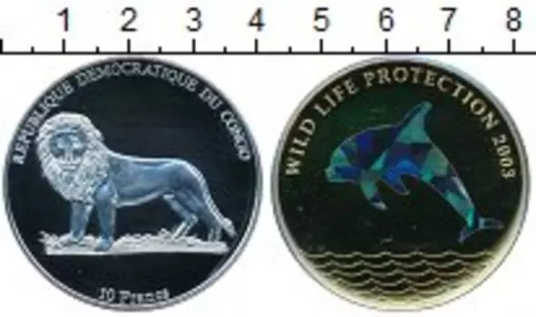 Монета 10 франков Конго 2003 года Серебро Голограмма,Дельфин,лев