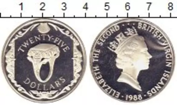 Монета 25 долларов Виргинских островов 1988 года Серебро Елизавета II