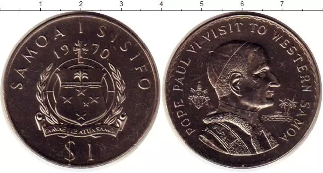 Монета доллар Самоа 1970 года Медно-никель Визит Папы Римского