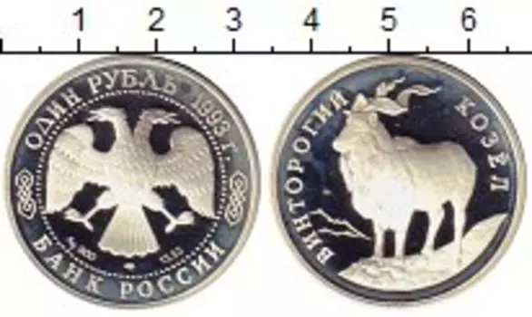 Монета рубль России 1993 года Серебро Винторогий козёл