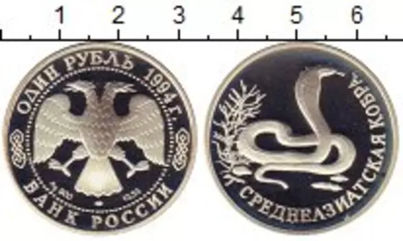 Монета рубль России 1994 года Серебро Среднеазиатская кобра