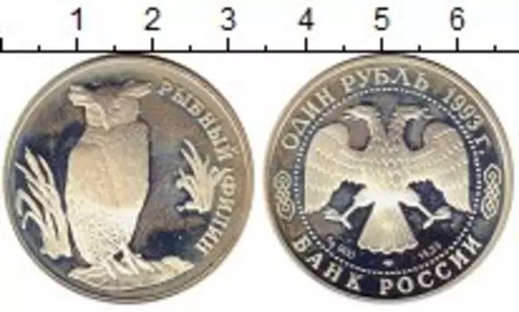 Монета рубль России 1993 года Серебро Рыбный филин