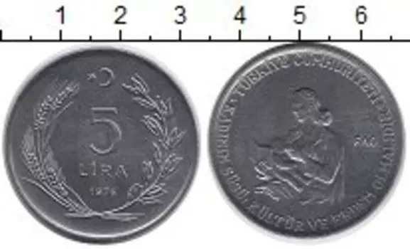 Монета 5 лир Турции 1976 года Сталь ФАО