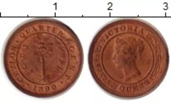 Монета 1/4 цента Цейлона 1890 года Медь Виктория