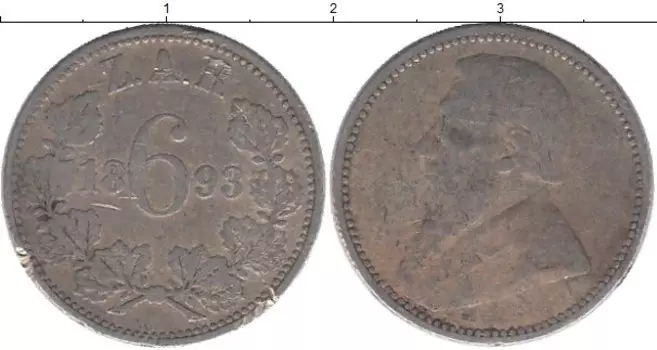 Монета 6 пенсов Южно Африканской Республики 1893 года Серебро