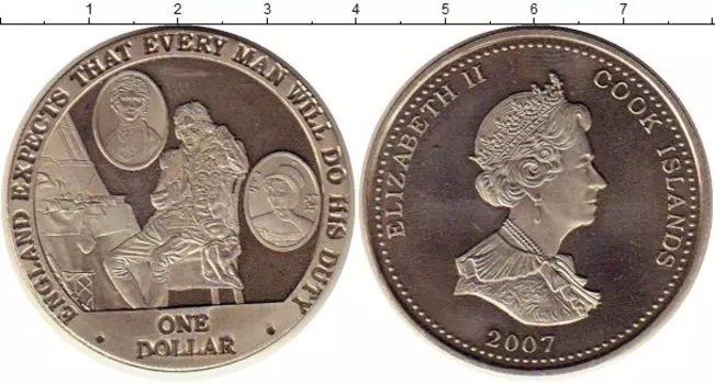 Монета доллар Островов Кука 2007 года Медно-никель Адмирал Нельсон,сидит в кресле