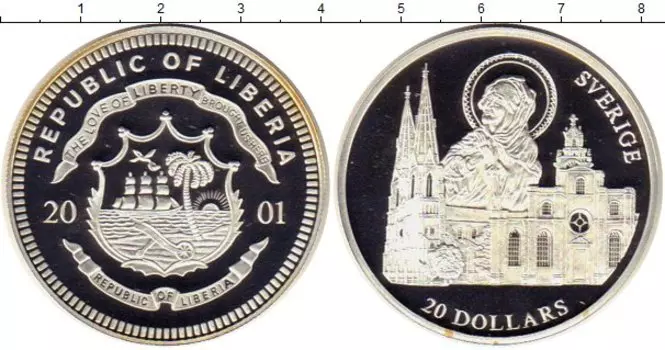 Монета 20 долларов Либерии 2001 года Серебро Швеция