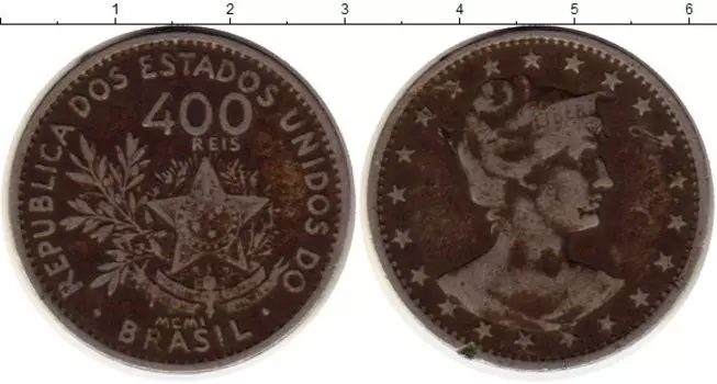 Монета 400 рейс Бразилии 1901 года Медно-никель