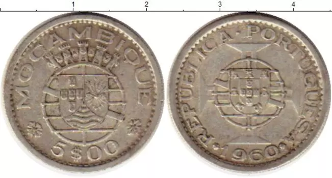 Монета 5 эскудо Мозамбика 1960 года Серебро