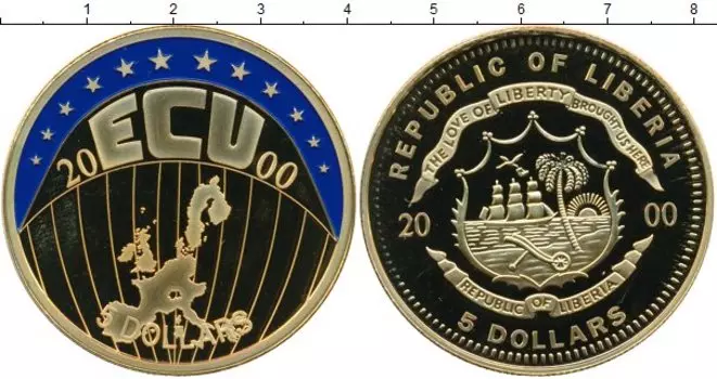 Монета 5 долларов Либерии 2000 года Медно-никель Экю,Европа
