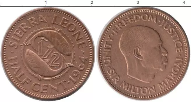 Монета 1/2 цента Сьерры-Леоне 1964 года Бронза Рыбы, Милтон Маргаи