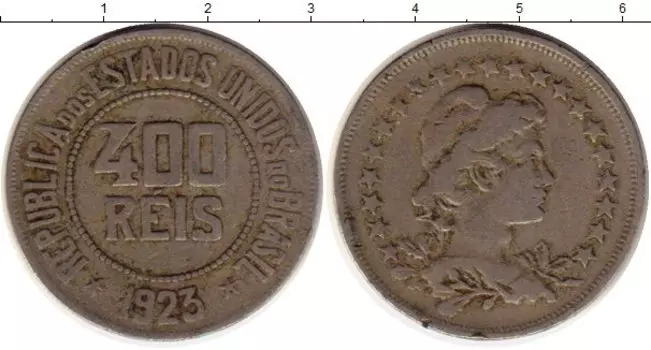 Монета 400 рейс Бразилии 1923 года Медно-никель