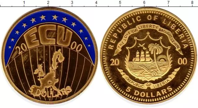 Монета 5 долларов Либерии 2000 года Латунь Европа, Экю