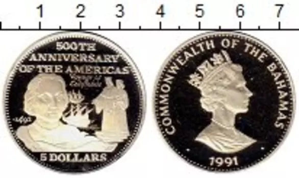 Монета 5 долларов Багамских островов 1991 года Серебро 500 лет открытия Америки, Колумб