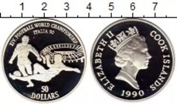 Монета 50 долларов Островов Кука 1990 года Серебро Чемпионат Мира по футболу